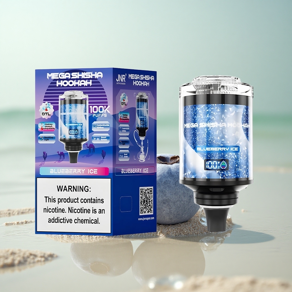 JNR Mega Shisha Hookah 100K Mustikka-Jää 2200mAh Nopea Lataus Säädettävä Ilmanvirtaus
